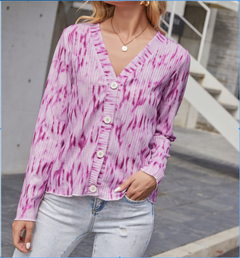 Damen Leichter Gerippter V-Neck Cardigan mit Knopfleiste und Batik‑Optik Drune