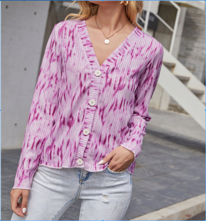 Damen Leichter Gerippter V-Neck Cardigan mit Knopfleiste und Batik‑Optik Drune