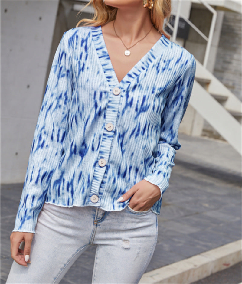 Damen Leichter Gerippter V-Neck Cardigan mit Knopfleiste und Batik‑Optik Drune