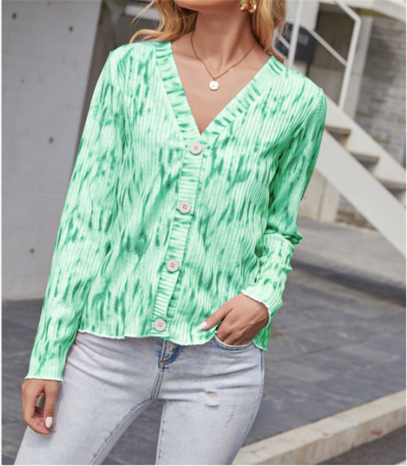 Damen Leichter Gerippter V-Neck Cardigan mit Knopfleiste und Batik‑Optik Drune