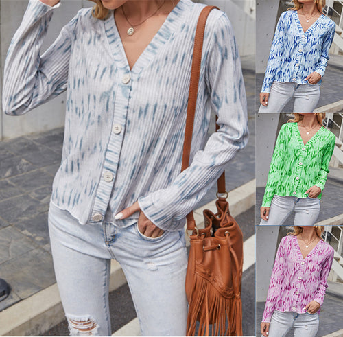Damen Leichter Gerippter V-Neck Cardigan mit Knopfleiste und Batik‑Optik Drune