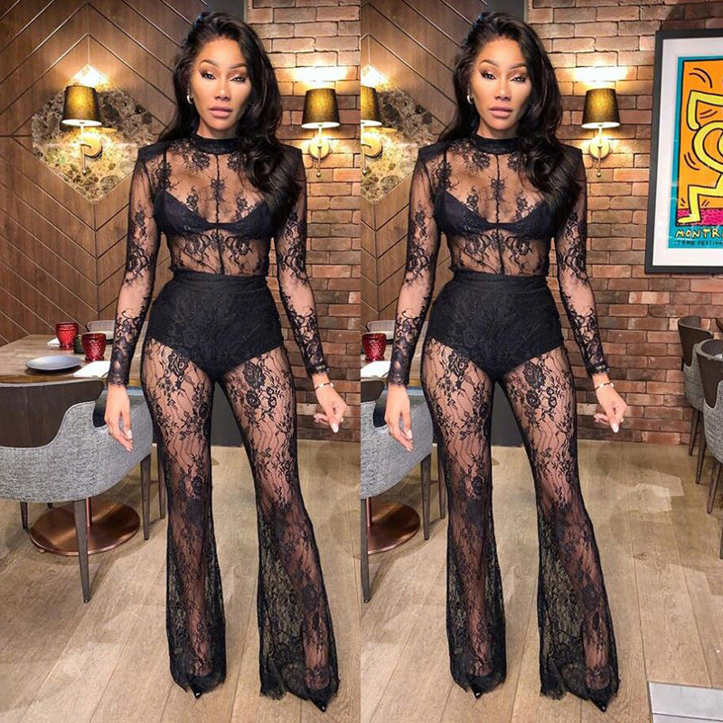 Damen Spitzenmaxikleid mit transparenten Akzenten und schwingendem Rock Drune