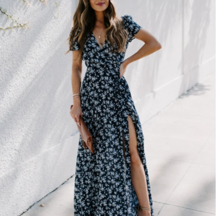 Damen Maxikleid mit tiefem V-Ausschnitt und seitlichem Schlitz Drune