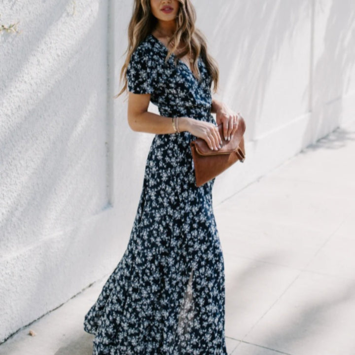 Damen Maxikleid mit tiefem V-Ausschnitt und seitlichem Schlitz Drune