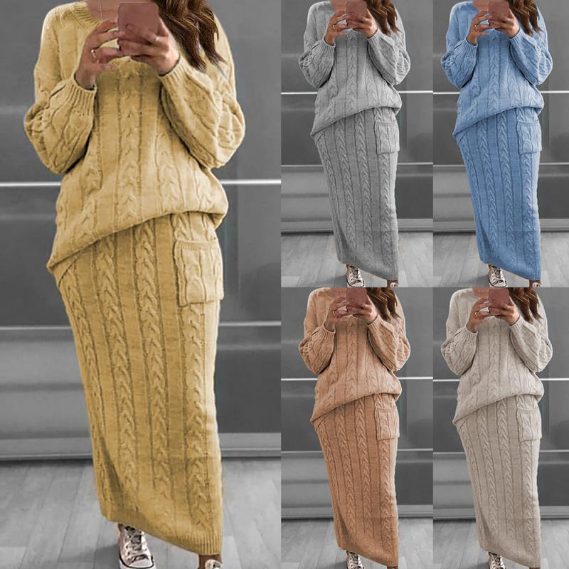 Damen nan Strickset Oversized Zopfmuster-Pullover und Maxi-Bleistiftrock mit aufgesetzter Tasche Drune