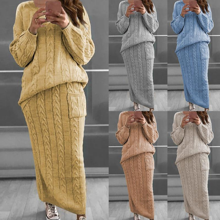 Damen nan Strickset Oversized Zopfmuster-Pullover und Maxi-Bleistiftrock mit aufgesetzter Tasche Drune