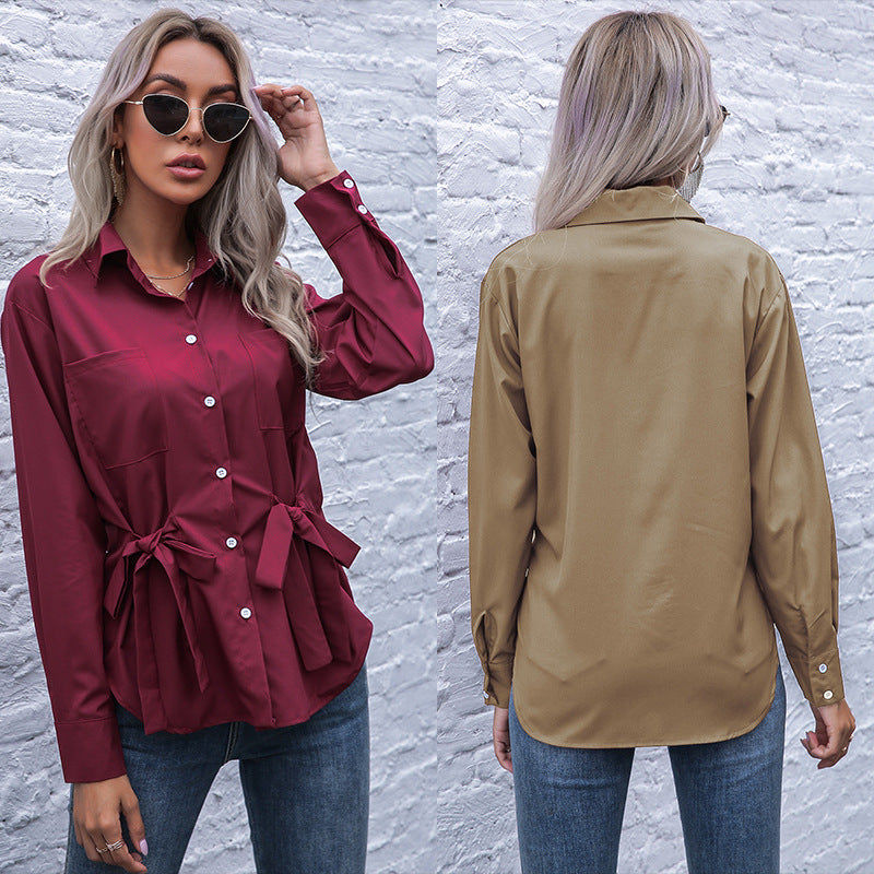 Damen Taillierte Hemdbluse mit doppelter Schleifen-Taille und Brusttaschen Drune