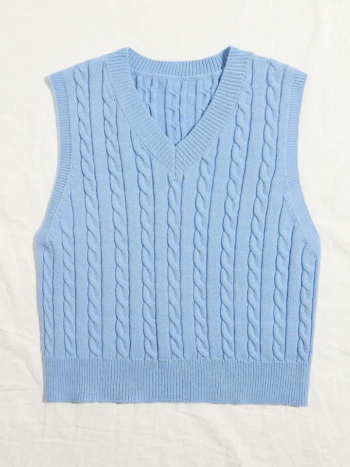 Damen Gestrickte ärmellose Zopfmuster-Pulloverweste mit V-Ausschnitt Drune