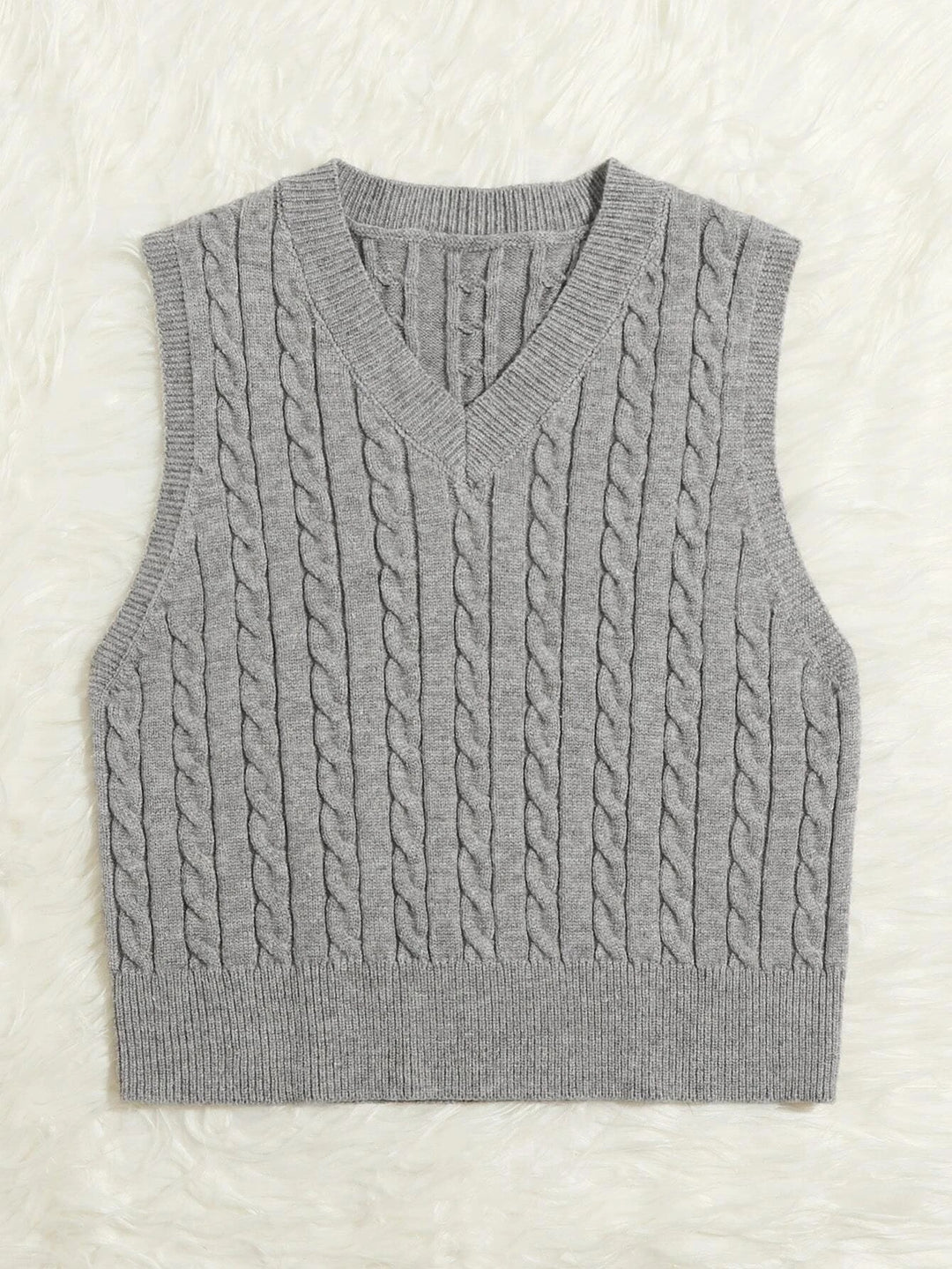 Damen Gestrickte ärmellose Zopfmuster-Pulloverweste mit V-Ausschnitt Drune