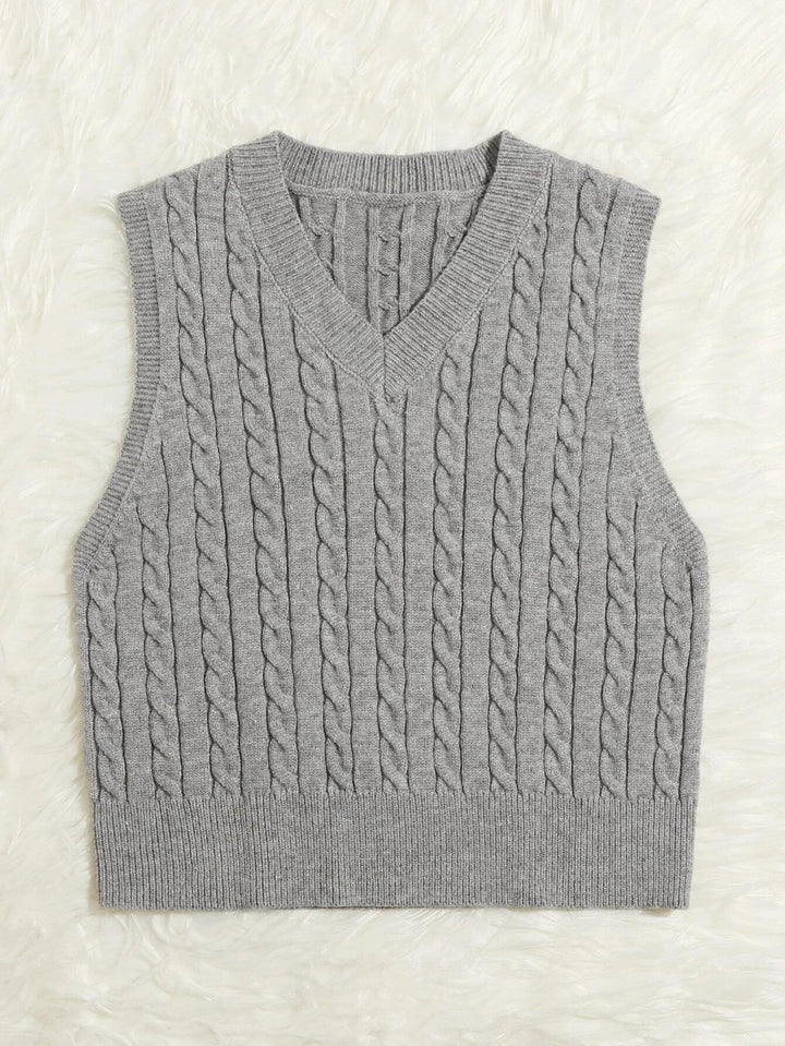 Damen Gestrickte ärmellose Zopfmuster-Pulloverweste mit V-Ausschnitt Drune
