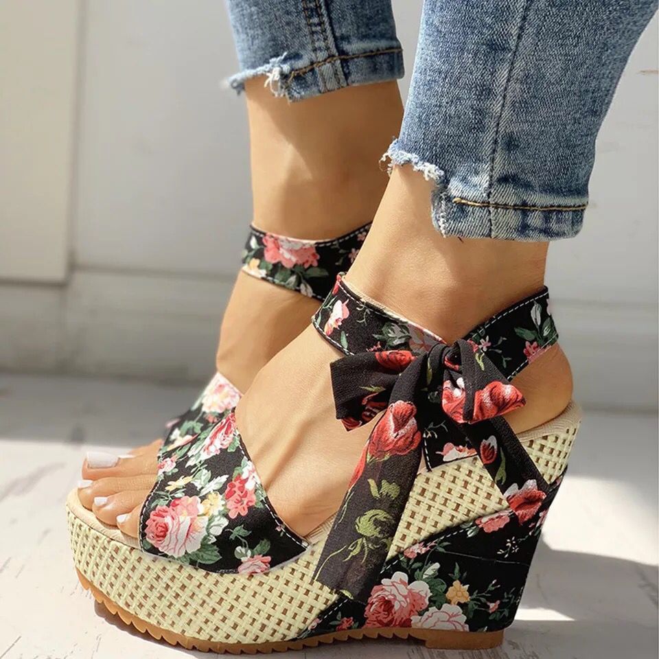 Damen nan romantische Spitzen-Keilabsatzsandalen mit Bast-Plateau und Zierschleife Drune