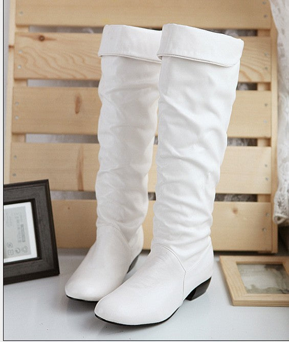 Damen kniehohe Slouch-Stiefel mit Umschlag und flachem Absatz Drune