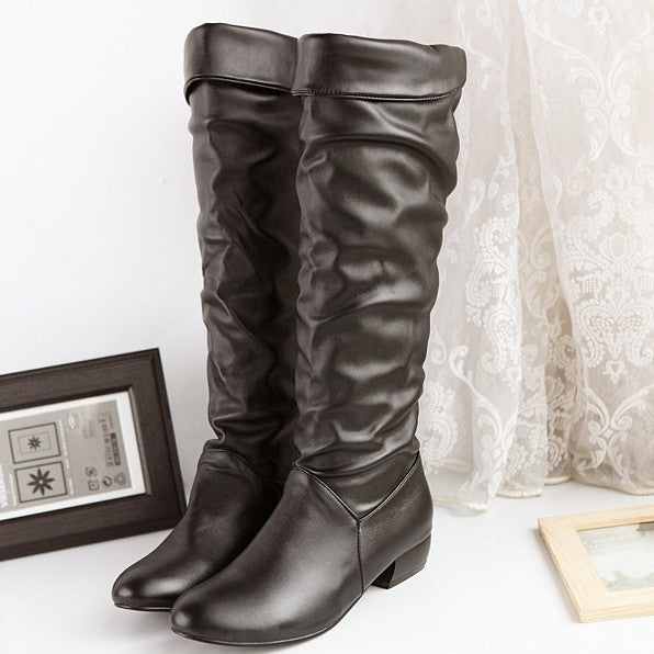 Damen kniehohe Slouch-Stiefel mit Umschlag und flachem Absatz Drune
