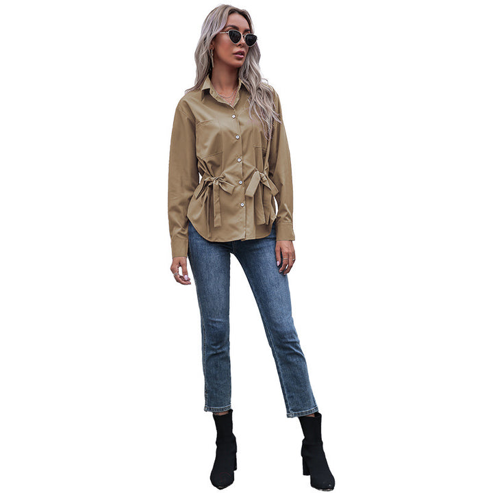 Damen Taillierte Hemdbluse mit doppelter Schleifen-Taille und Brusttaschen Drune