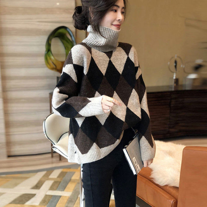 Damen Gemusterter Pullover mit hohem Kragen Drune