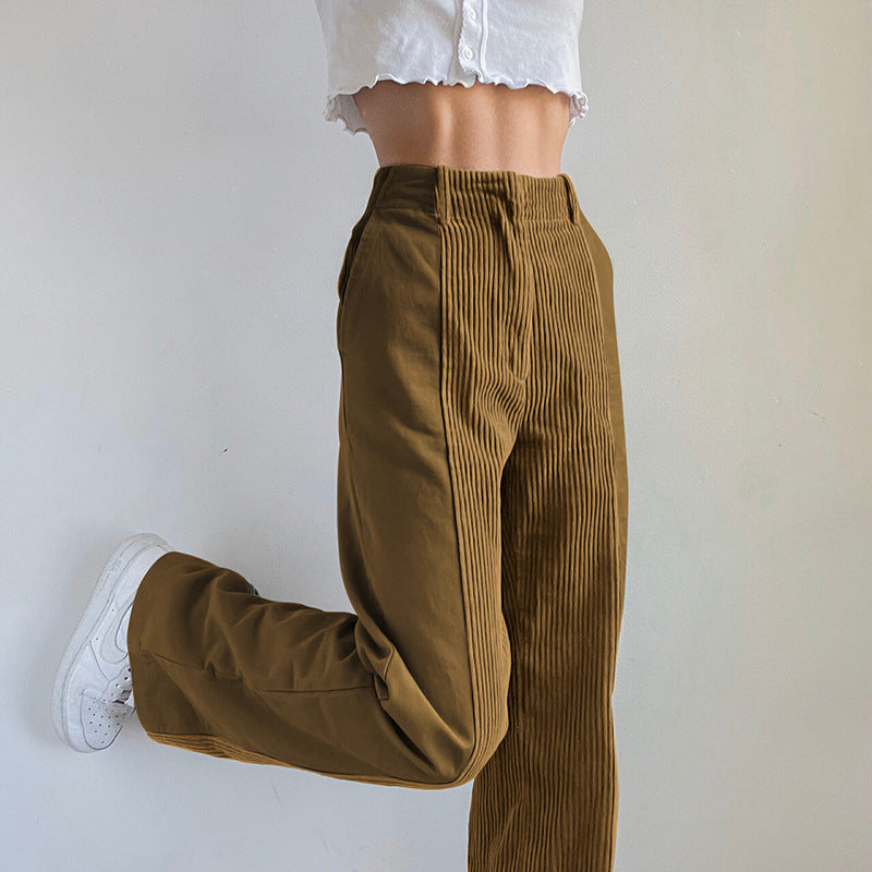 Damen elegante High-Waist Cordhose mit weitem Bein Drune