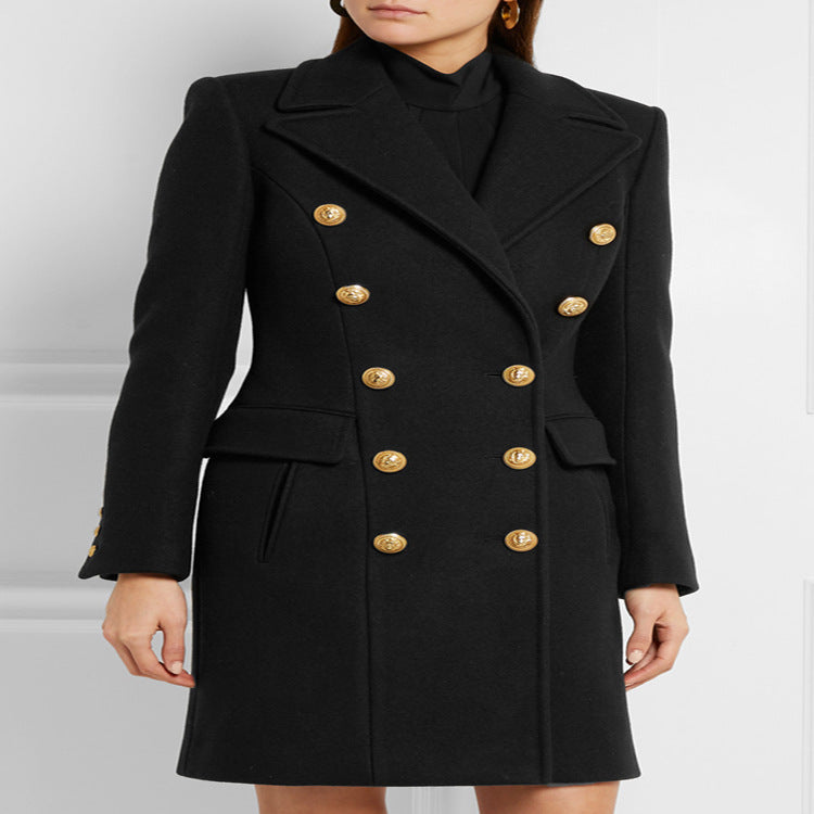 Damen Wollmix‑Longcoat im Marine‑Tailoring mit konturierter Taillierung und goldenen Zierrundknöpfen Drune