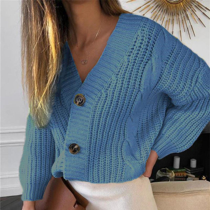 Damen Grobstrickjacke mit V-Ausschnitt und modischen Knöpfen Drune