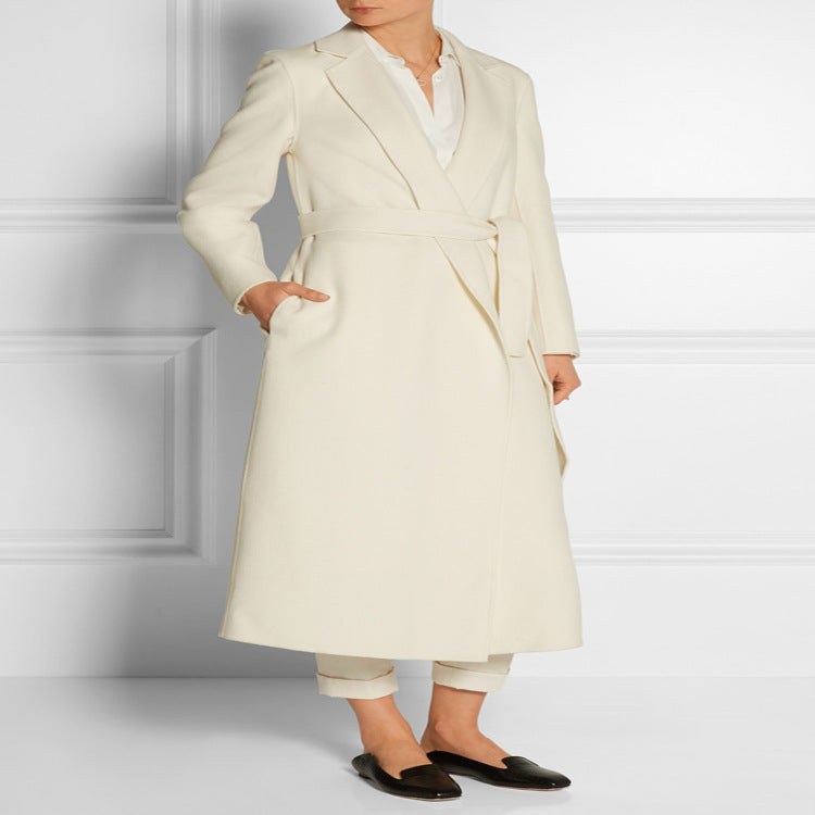 Damen Bodenlanger Wickel-Longcoat aus Woll-Kaschmirmix mit tailliertem Bindegürtel Drune
