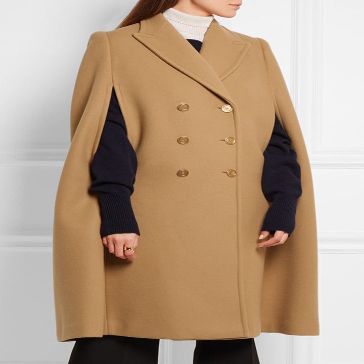 Damen taillierter Wollmix-Cape-Mantel mit verdeckten Armöffnungen und Zweireiher-Tailoring Drune