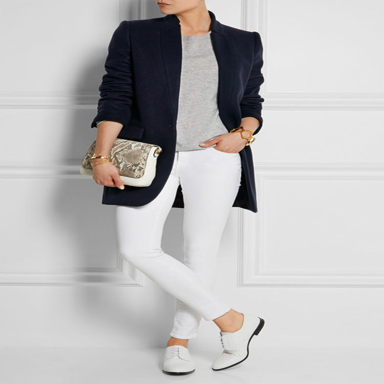Damen Midilanger strukturiertes Longblazer‑Mantel mit schmalem Stehkragen und Pattentaschen Drune