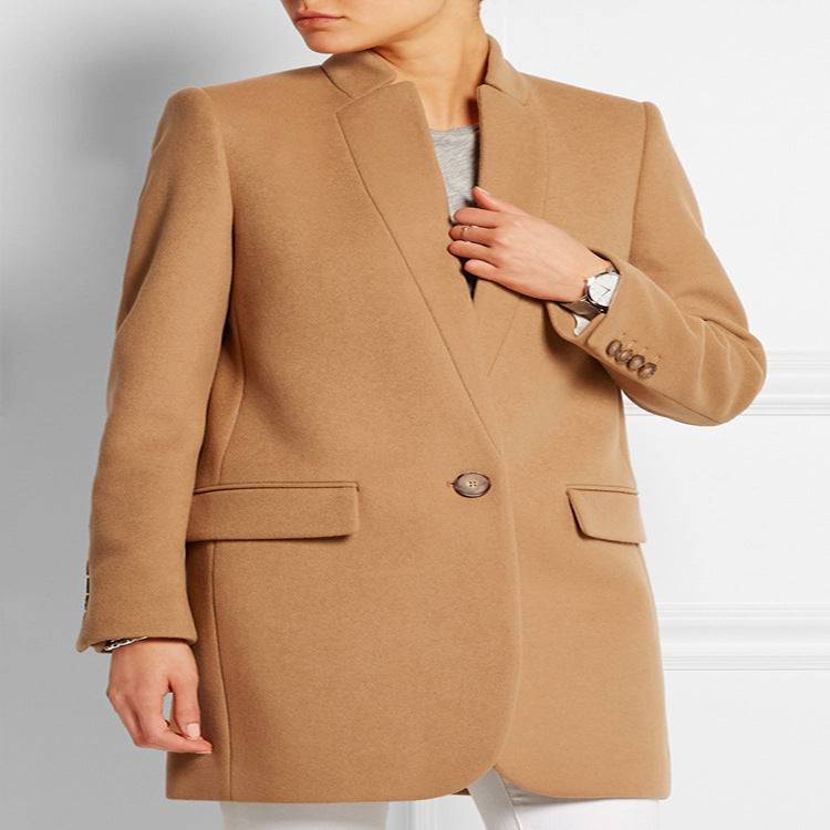 Damen Midilanger strukturiertes Longblazer‑Mantel mit schmalem Stehkragen und Pattentaschen Drune