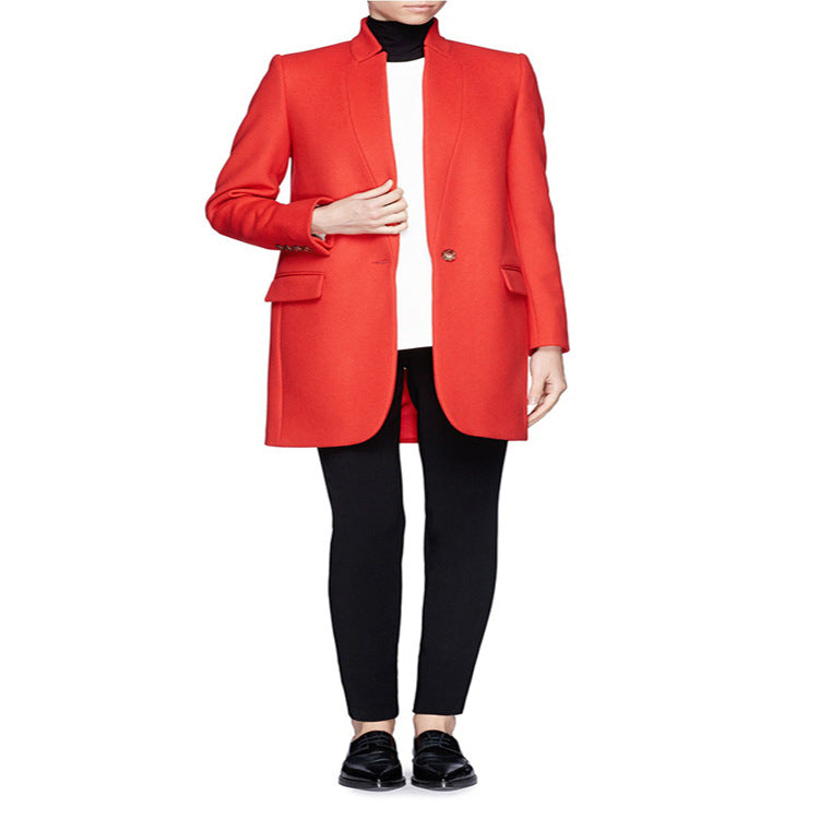 Damen Midilanger strukturiertes Longblazer‑Mantel mit schmalem Stehkragen und Pattentaschen Drune