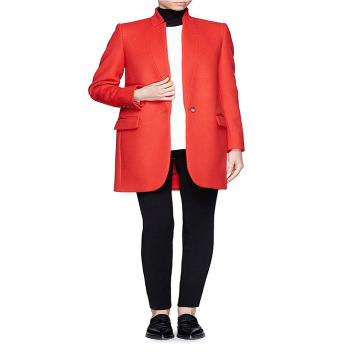 Damen Midilanger strukturiertes Longblazer‑Mantel mit schmalem Stehkragen und Pattentaschen Drune