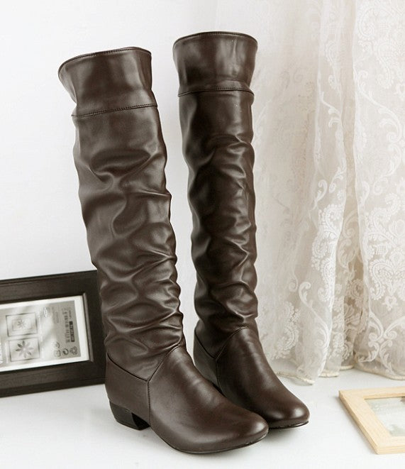 Damen kniehohe Slouch-Stiefel mit Umschlag und flachem Absatz Drune