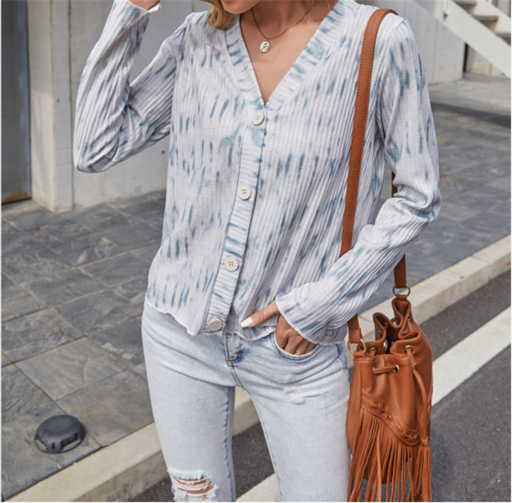 Damen Leichter Gerippter V-Neck Cardigan mit Knopfleiste und Batik‑Optik Drune