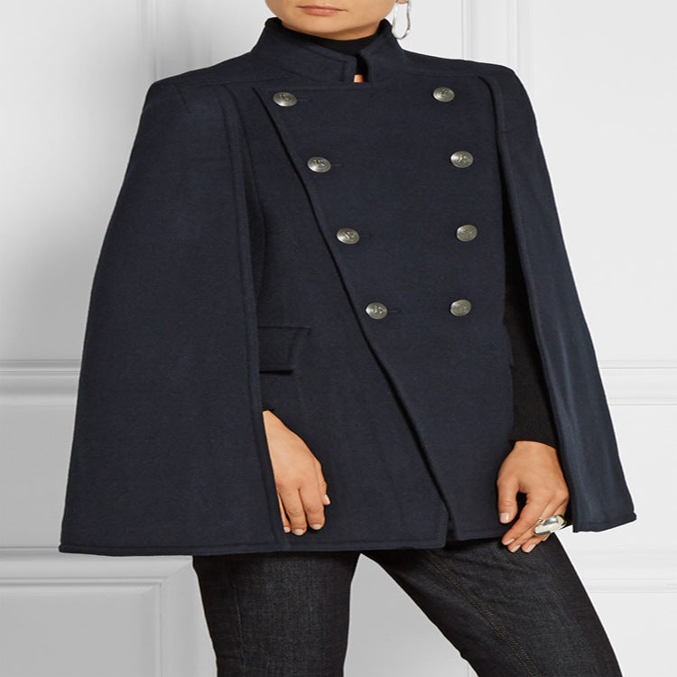 Damen Kurzer Cape-Mantel im Military‑Stil mit Doppelreihe und Stehkragen Drune