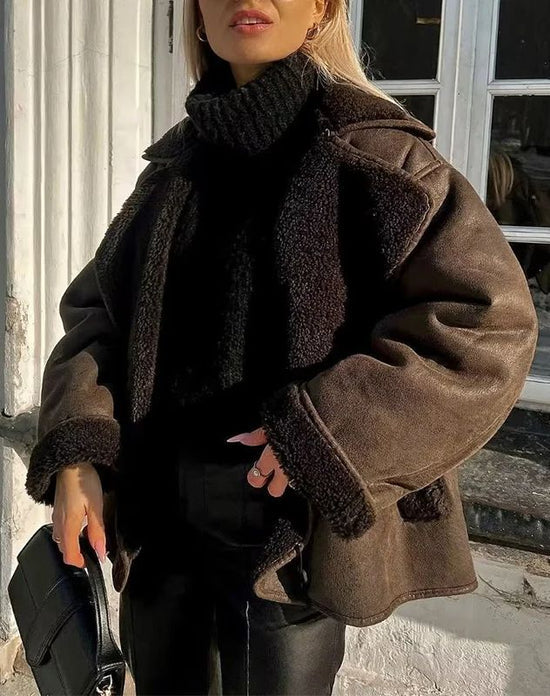Drune | Übergröße Lammfell Aviator Jacke Weiter Kragen mit Umschlägen