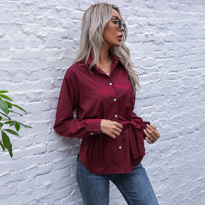 Damen Taillierte Hemdbluse mit doppelter Schleifen-Taille und Brusttaschen Drune