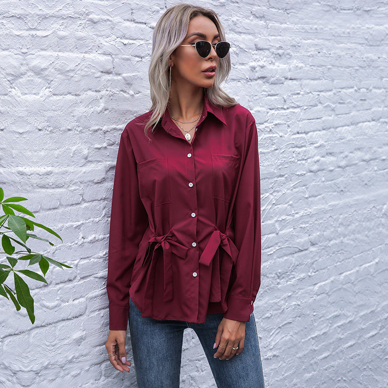 Damen Taillierte Hemdbluse mit doppelter Schleifen-Taille und Brusttaschen Drune