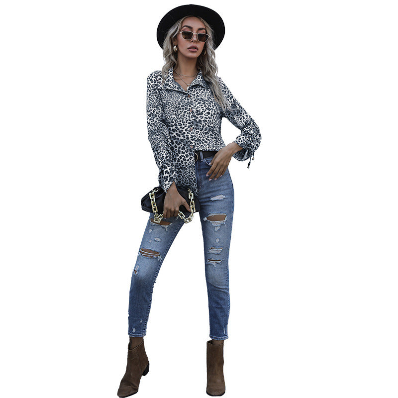 Damen Viskose-Hemdbluse mit Leoprint, Knotenärmeln und lockerer Silhouette Drune