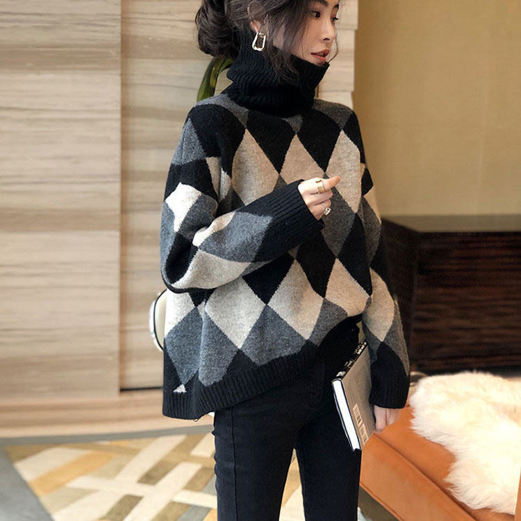 Damen Gemusterter Pullover mit hohem Kragen Drune
