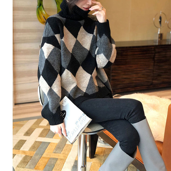 Damen Gemusterter Pullover mit hohem Kragen Drune