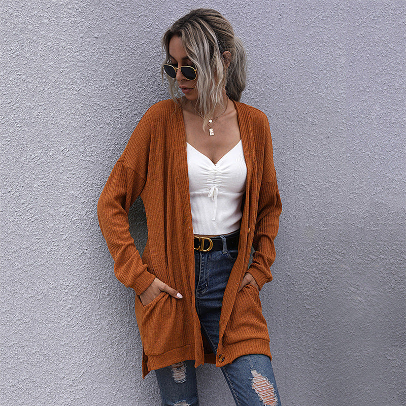 Damen Langer Oversize Strickcardigan mit Strukturstrick, offenen Taschen und lässigem Schnitt Drune