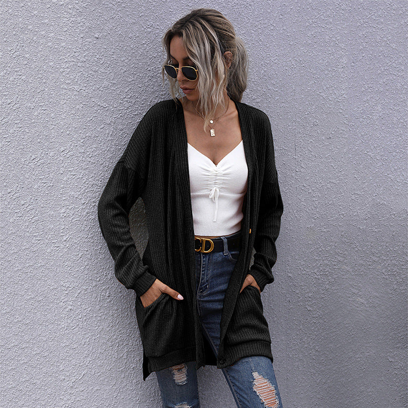 Damen Langer Oversize Strickcardigan mit Strukturstrick, offenen Taschen und lässigem Schnitt Drune