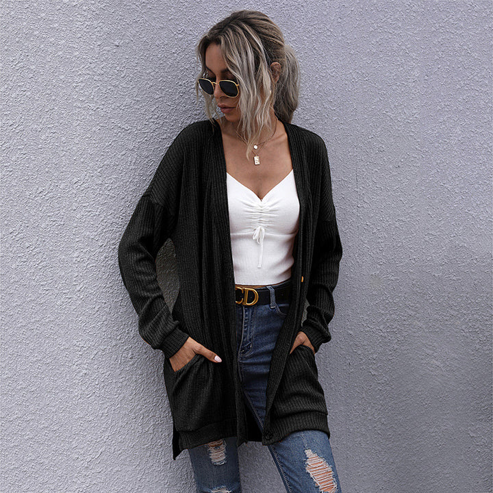 Damen Langer Oversize Strickcardigan mit Strukturstrick, offenen Taschen und lässigem Schnitt Drune