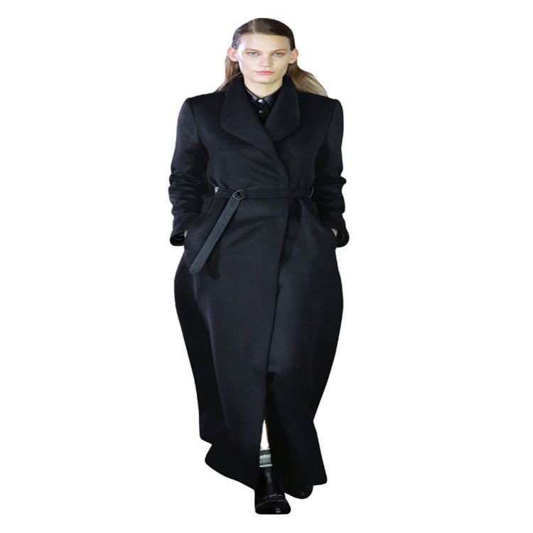 Damen Maxilanger taillierter Wickel-Longcoat mit Schalkragen und feinem Bindegürtel Drune