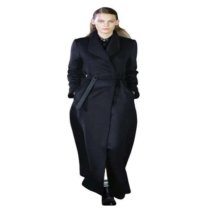 Damen Maxilanger taillierter Wickel-Longcoat mit Schalkragen und feinem Bindegürtel Drune