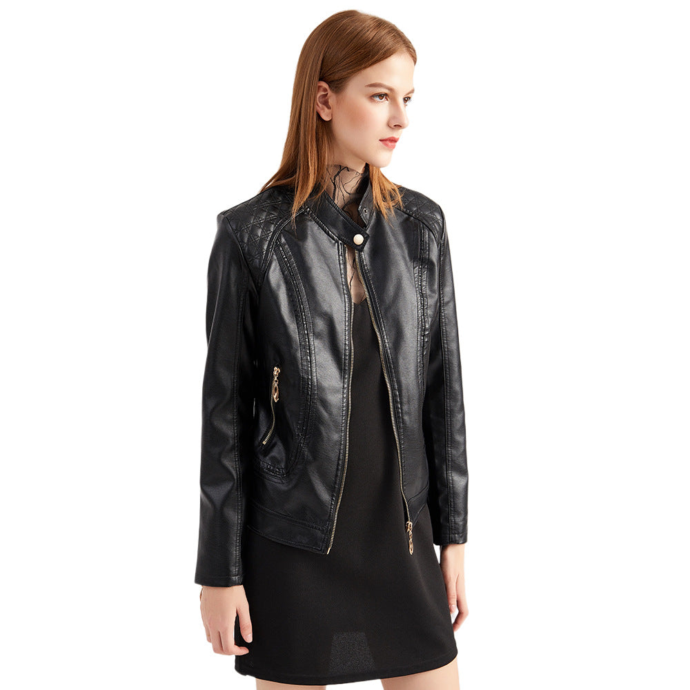 Damen nan taillierte Kunstleder Bikerjacke mit Stehkragen und gesteppter Schulterpartie Drune