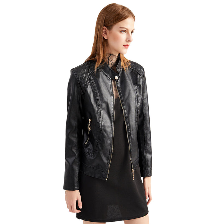 Damen nan taillierte Kunstleder Bikerjacke mit Stehkragen und gesteppter Schulterpartie Drune