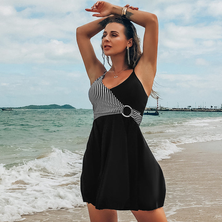 Damen sommerliches Kleid mit geometrischen Muster und Taillengürtel Drune