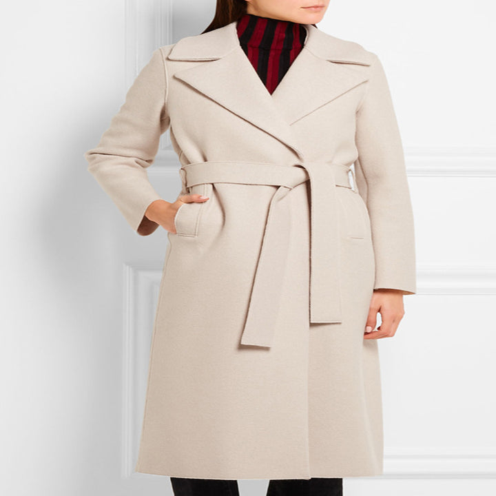 Damen Eleganter Taillierter Mantel im Wickelstil aus Woll-Kaschmir-Mix Drune