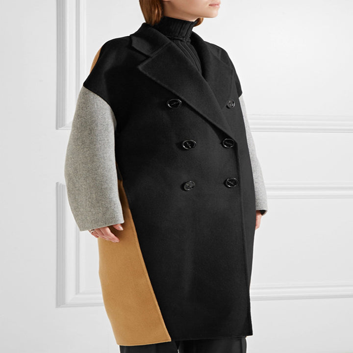 Damen Oversize Zweireihiger Farbblock-Wollmixmantel mit kontrastierenden Ärmeln Drune