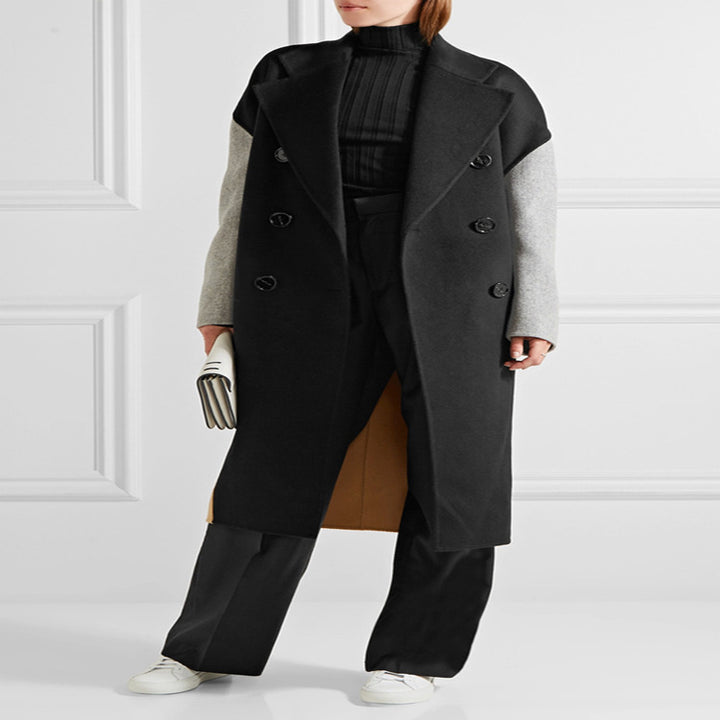 Damen Oversize Zweireihiger Farbblock-Wollmixmantel mit kontrastierenden Ärmeln Drune