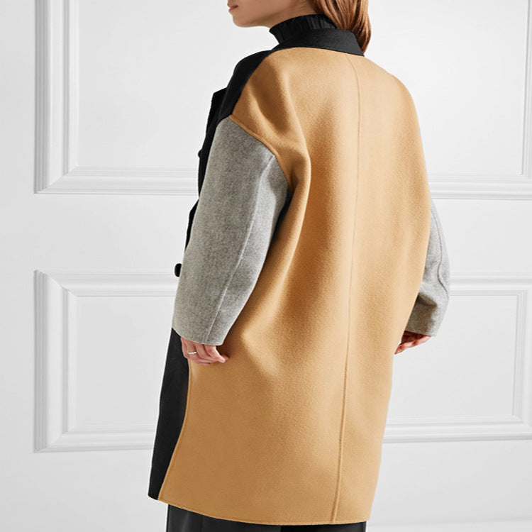 Damen Oversize Zweireihiger Farbblock-Wollmixmantel mit kontrastierenden Ärmeln Drune