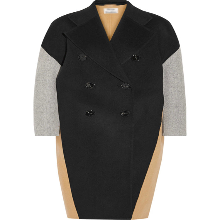 Damen Oversize Zweireihiger Farbblock-Wollmixmantel mit kontrastierenden Ärmeln Drune